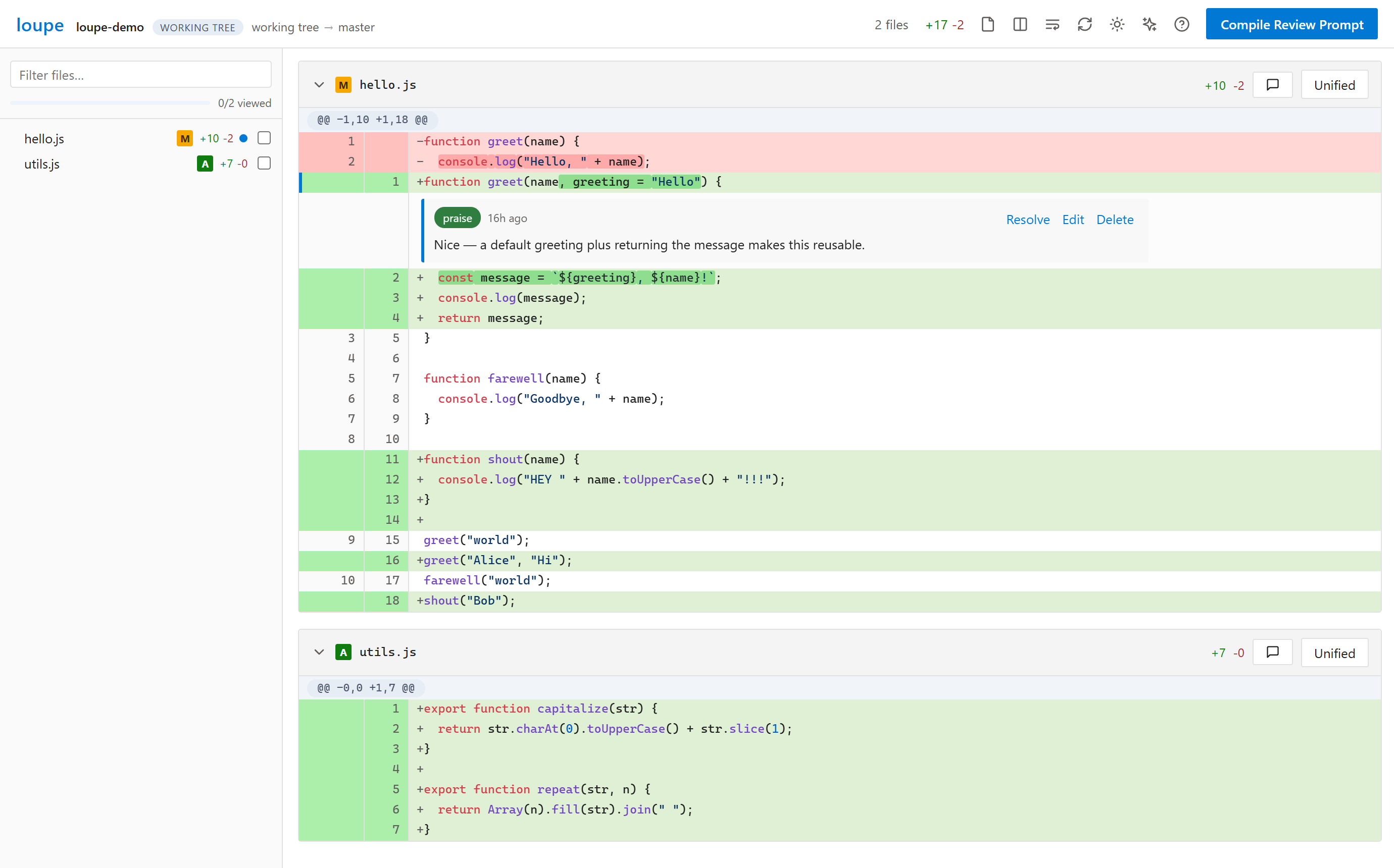 loupe reviewing a diff: file tree, unified diff, inline comments