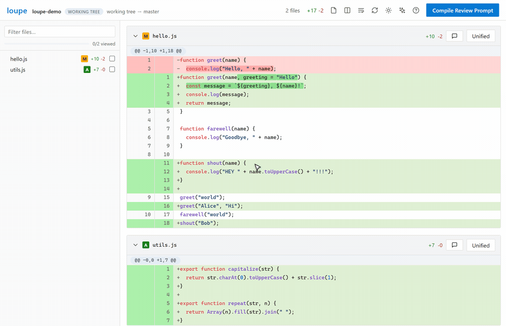 toggling side-by-side, cycling four themes, and switching to browse mode